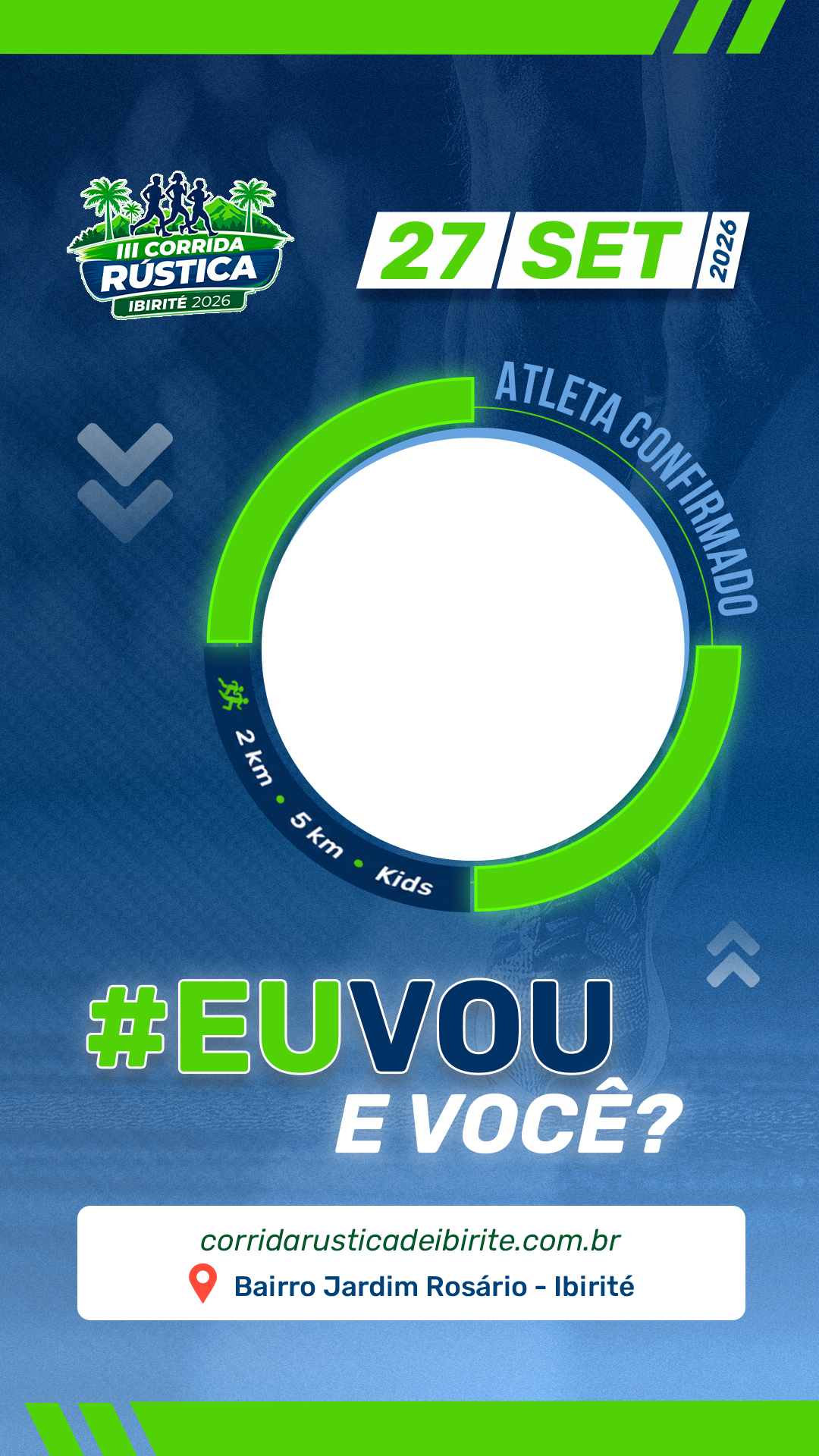 Arte #EU VOU para compartilhar a Corrida Rústica de Ibirité 2026