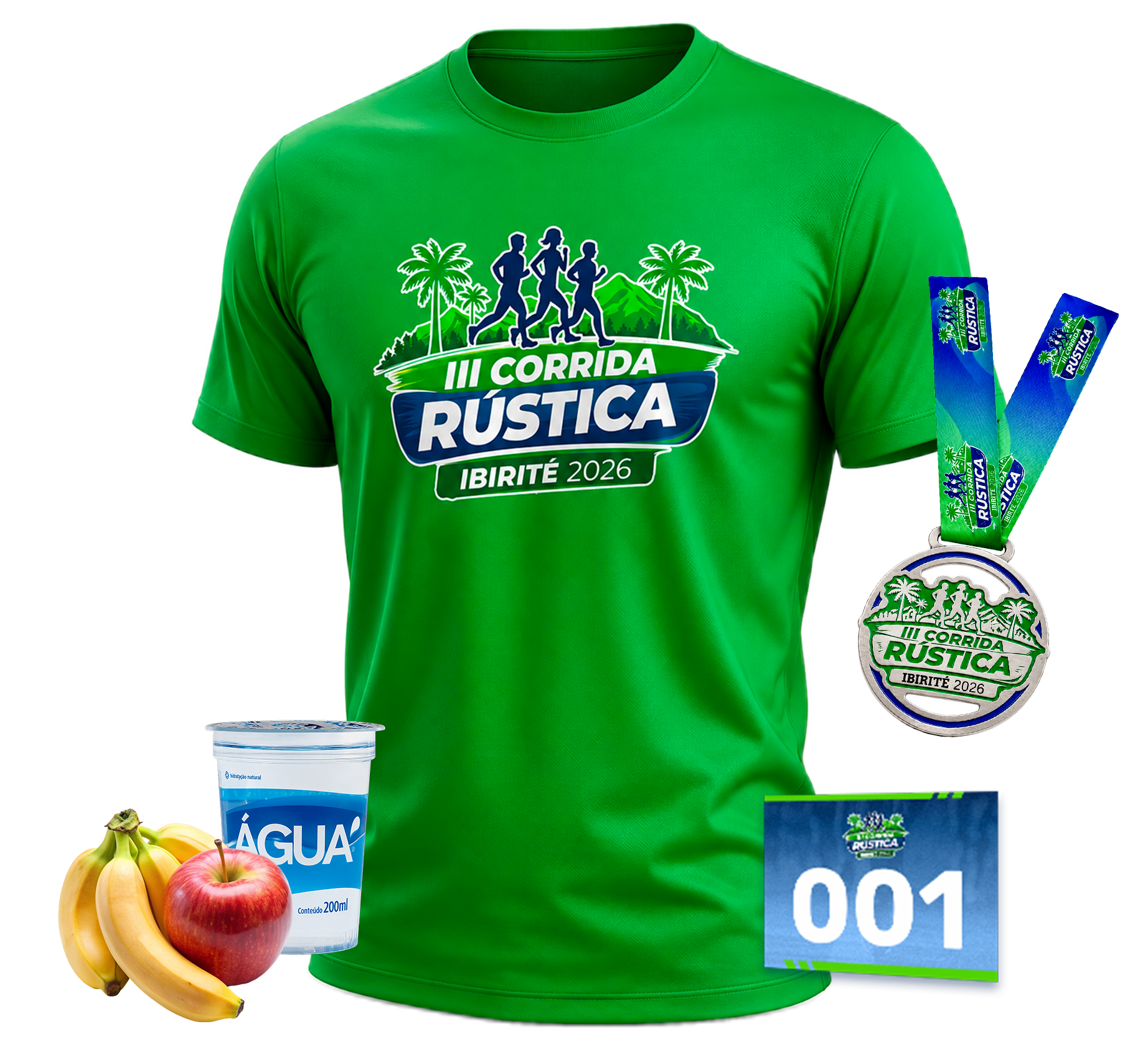 Kit padrão da Corrida Rústica de Ibirité com camisa, medalha e número de peito
